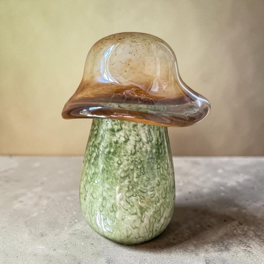 Hand Blown Art Glass Mushroom Green Brown MCM Desk Shelf Fairycore Nature Decor